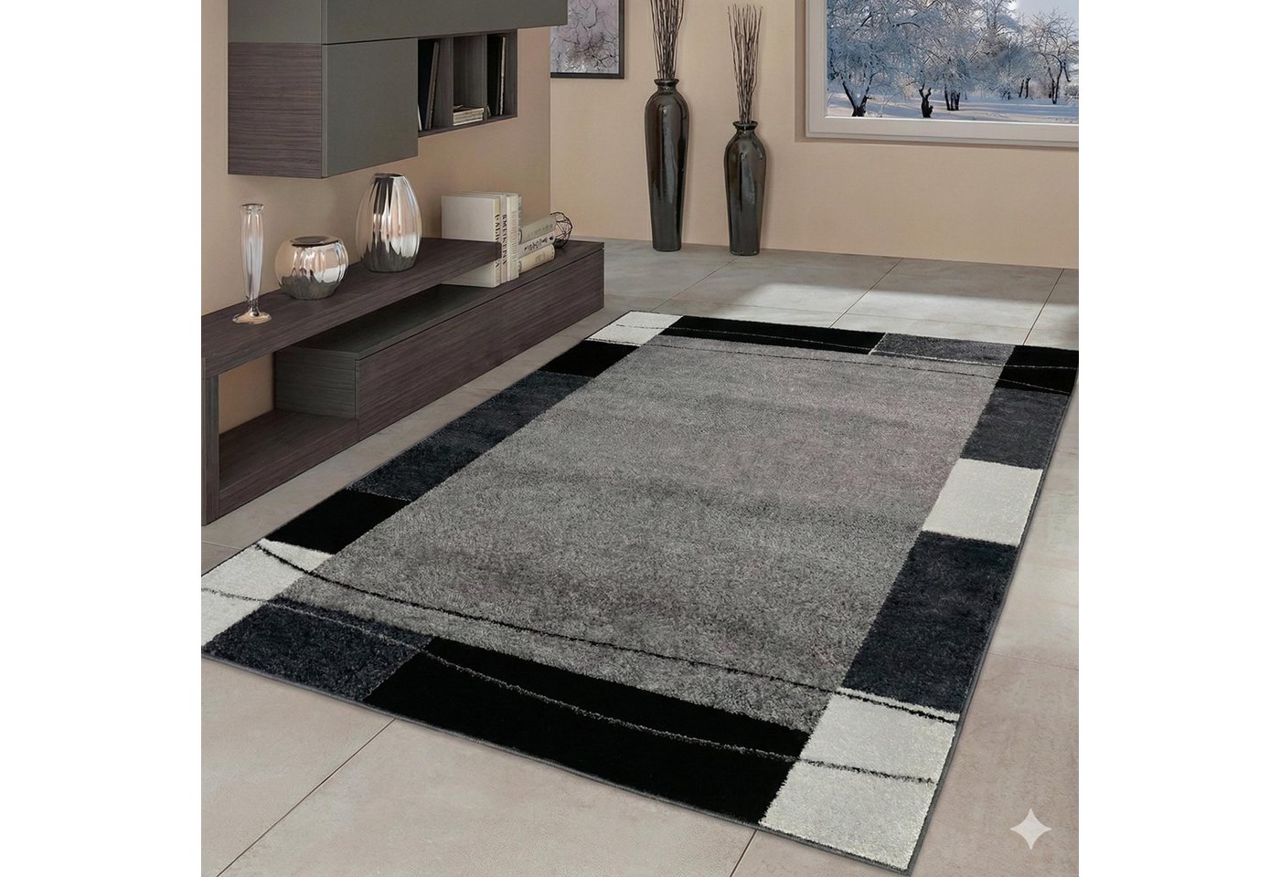 TaraCarpet Teppich Moderner Teppich Aragon 54 Bordüre, rechteckig, Höhe: 13 mm, Designer Bordüre grau Wohnzimmer Schlafzimmer Esszimmer 080X150 cm Bild 2