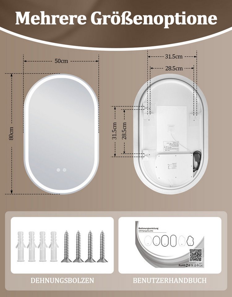 Nettlife Badspiegel LED Beleuchtung Touch Schalter Badezimmerspiegel 80CM Wandspiegel, 3000K bis 6500K Spiegel mit Entfogger Oval Memory Funktion