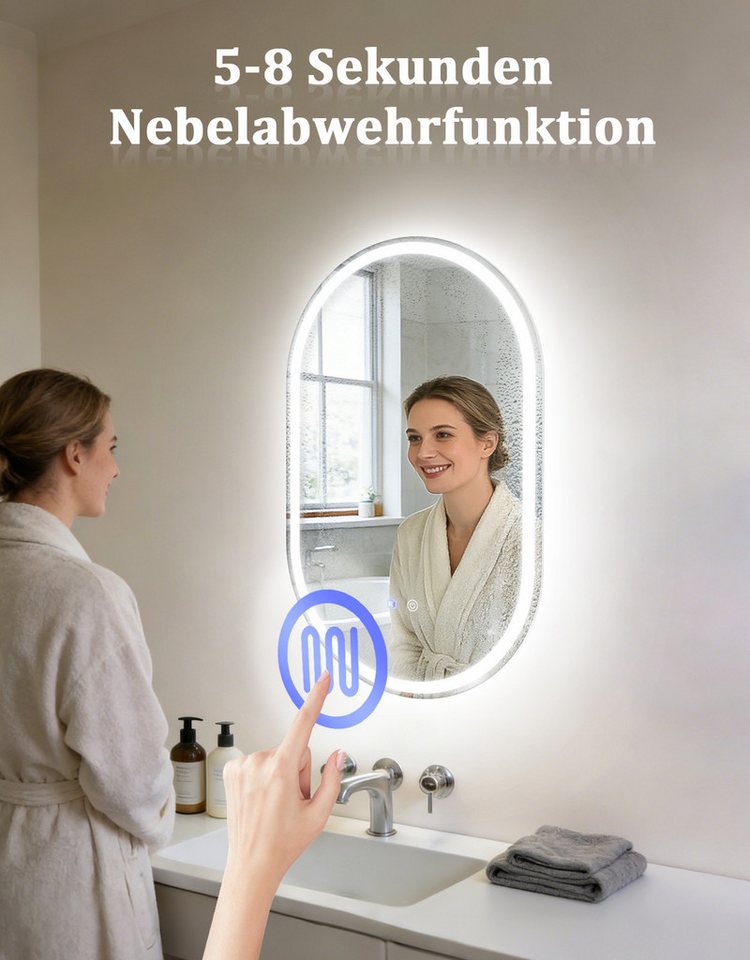 Nettlife Badspiegel LED Beleuchtung Touch Schalter Badezimmerspiegel 80CM Wandspiegel, 3000K bis 6500K Spiegel mit Entfogger Oval Memory Funktion Bild 2