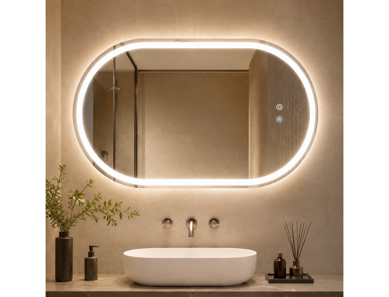 Nettlife Badspiegel LED Beleuchtung Touch Schalter Badezimmerspiegel 80CM Wandspiegel, 3000K bis 6500K Spiegel mit Entfogger Oval Memory Funktion Bild 3