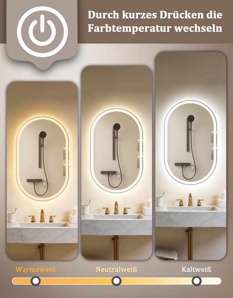 Nettlife Badspiegel LED Beleuchtung Touch Schalter Badezimmerspiegel 80CM Wandspiegel, 3000K bis 6500K Spiegel mit Entfogger Oval Memory Funktion Bild 4