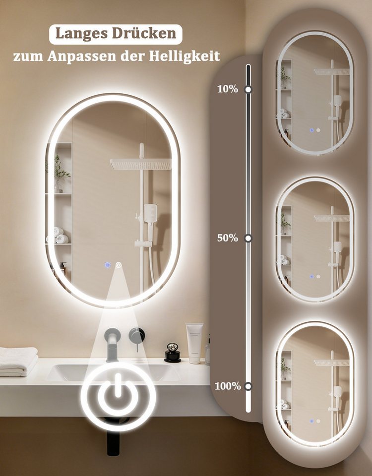 Nettlife Badspiegel LED Beleuchtung Touch Schalter Badezimmerspiegel 80CM Wandspiegel, 3000K bis 6500K Spiegel mit Entfogger Oval Memory Funktion Bild 5