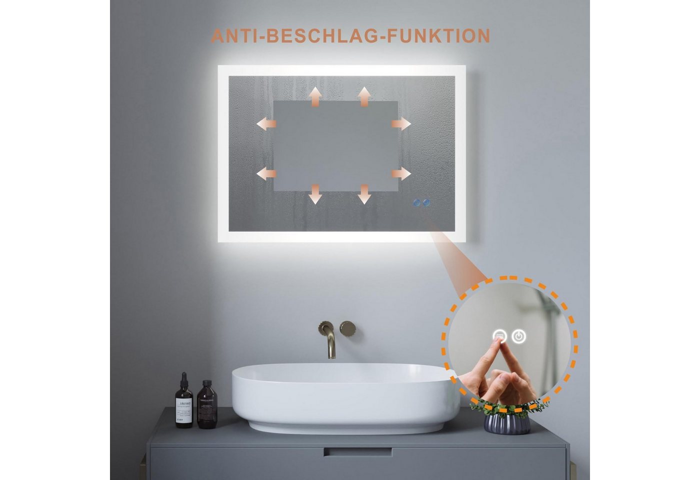 AQUALAVOS Badspiegel LED Badspiegel mit Beleuchtung Kaltweiß 50x70 80x60 100x70cm Dimmbar, Kaltweiß Touchschalter Wandspiegel Horizontal & vertikal montierbar Bild 3