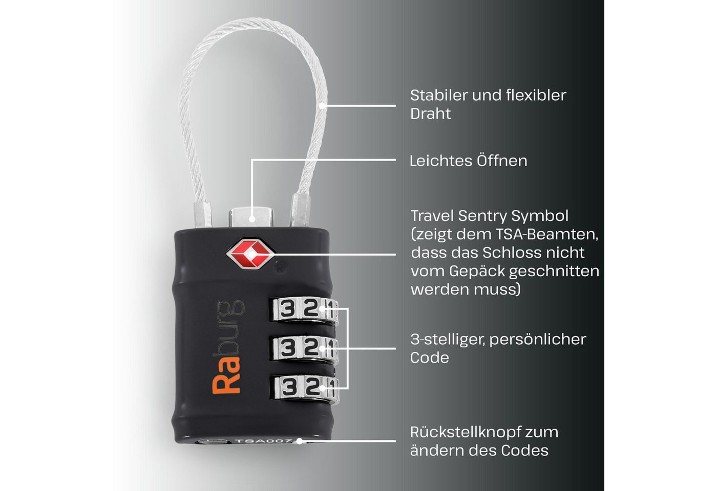 Raburg Vorhängeschloss TSA-Gepäckschloss, Zahlenschloss, (1er, 2er, 3er, 4er-Set, 2-tlg., Schwarz, Grün, Blau), ideal für: Flugreise, Kreuzfahrt, Reisegepäck, Taschen, Koffer, Rucksäcke