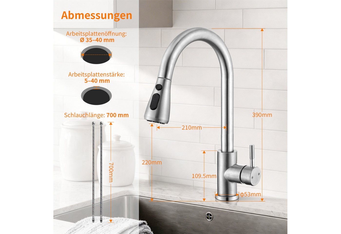 HOMELODY Spültischarmatur Hochdruck Wasserhahn Küche 360° Küchenarmatur mit Ausziehbarer Hochdruck Wasserhahn Küche 360° Küchenarmatur mit Ausziehbarer Bild 5
