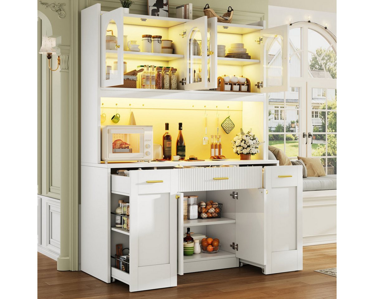 Odikalo Küchenbuffet Küchenschrank Buffetschrank mit LED Schublade und Roll-Ablagen (Hochküchenschrank 120cm mit RGB-LED, App-Steuerung, 3 Glasvitrinen, Schubkästen & beidseitigen Roll-Ablagen) 120*40*187cm(L x B x H)