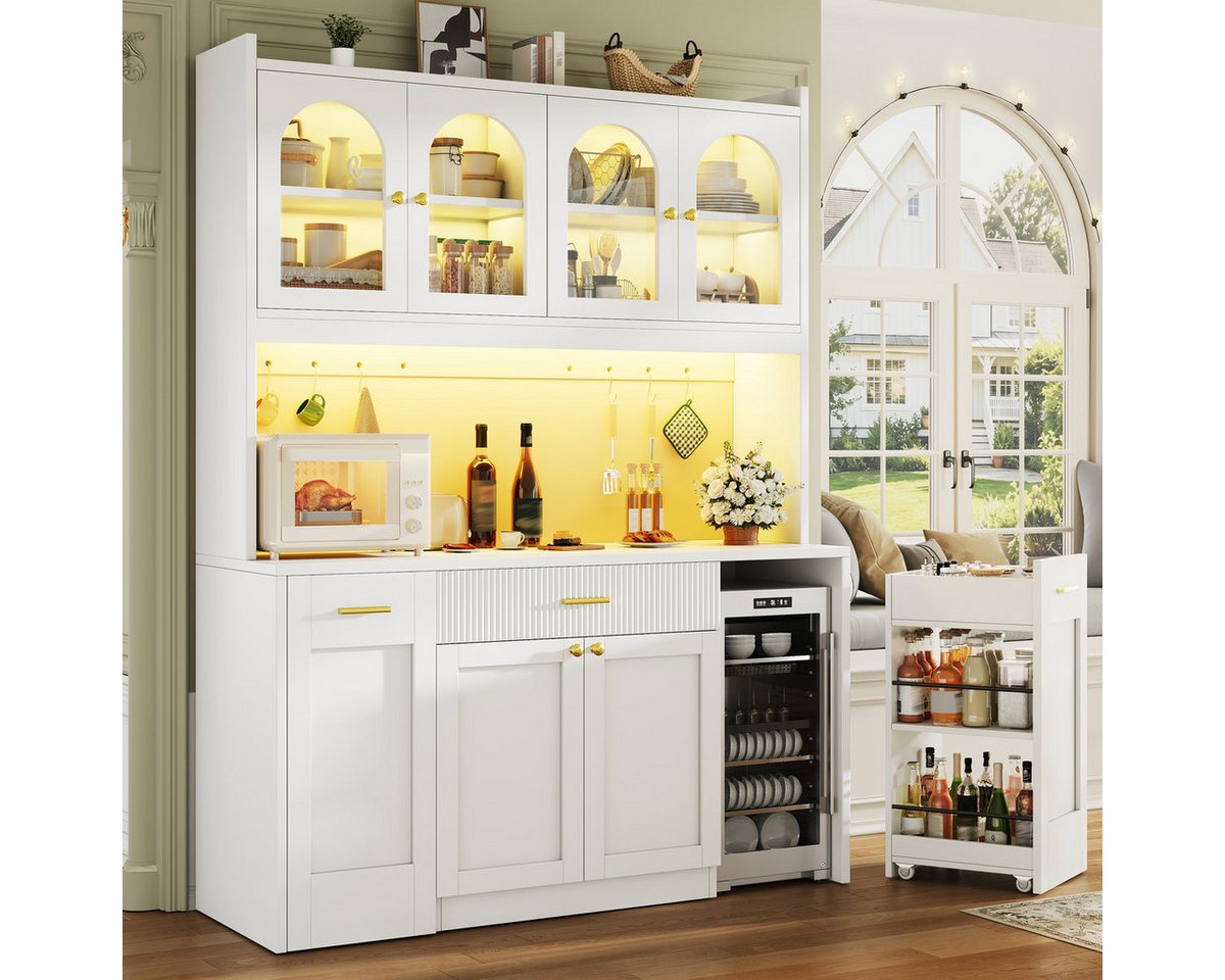 Odikalo Küchenbuffet Küchenschrank Buffetschrank mit LED Schublade und Roll-Ablagen (Hochküchenschrank 120cm mit RGB-LED, App-Steuerung, 3 Glasvitrinen, Schubkästen & beidseitigen Roll-Ablagen) 120*40*187cm(L x B x H) Bild 2