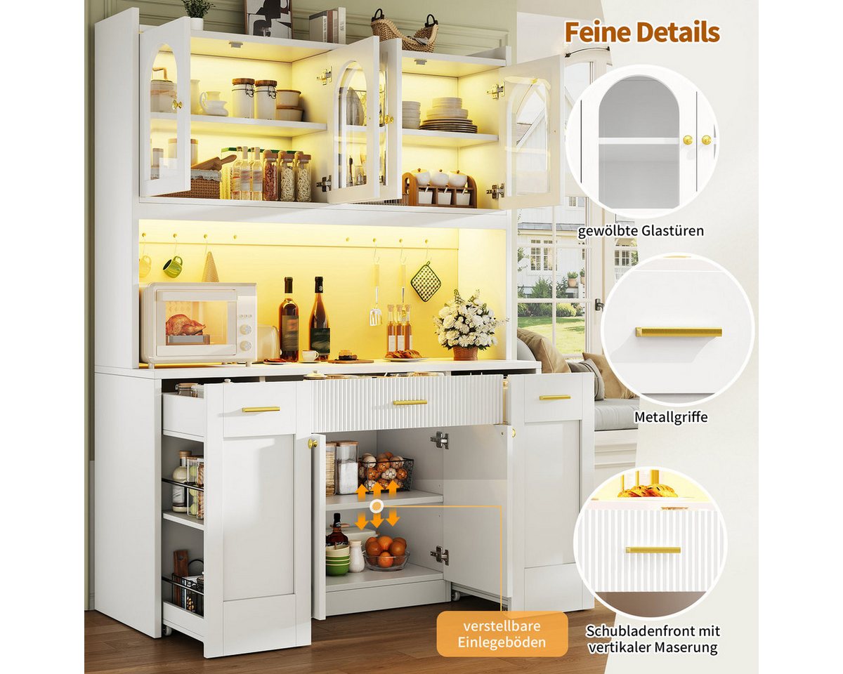 Odikalo Küchenbuffet Küchenschrank Buffetschrank mit LED Schublade und Roll-Ablagen (Hochküchenschrank 120cm mit RGB-LED, App-Steuerung, 3 Glasvitrinen, Schubkästen & beidseitigen Roll-Ablagen) 120*40*187cm(L x B x H) Bild 5