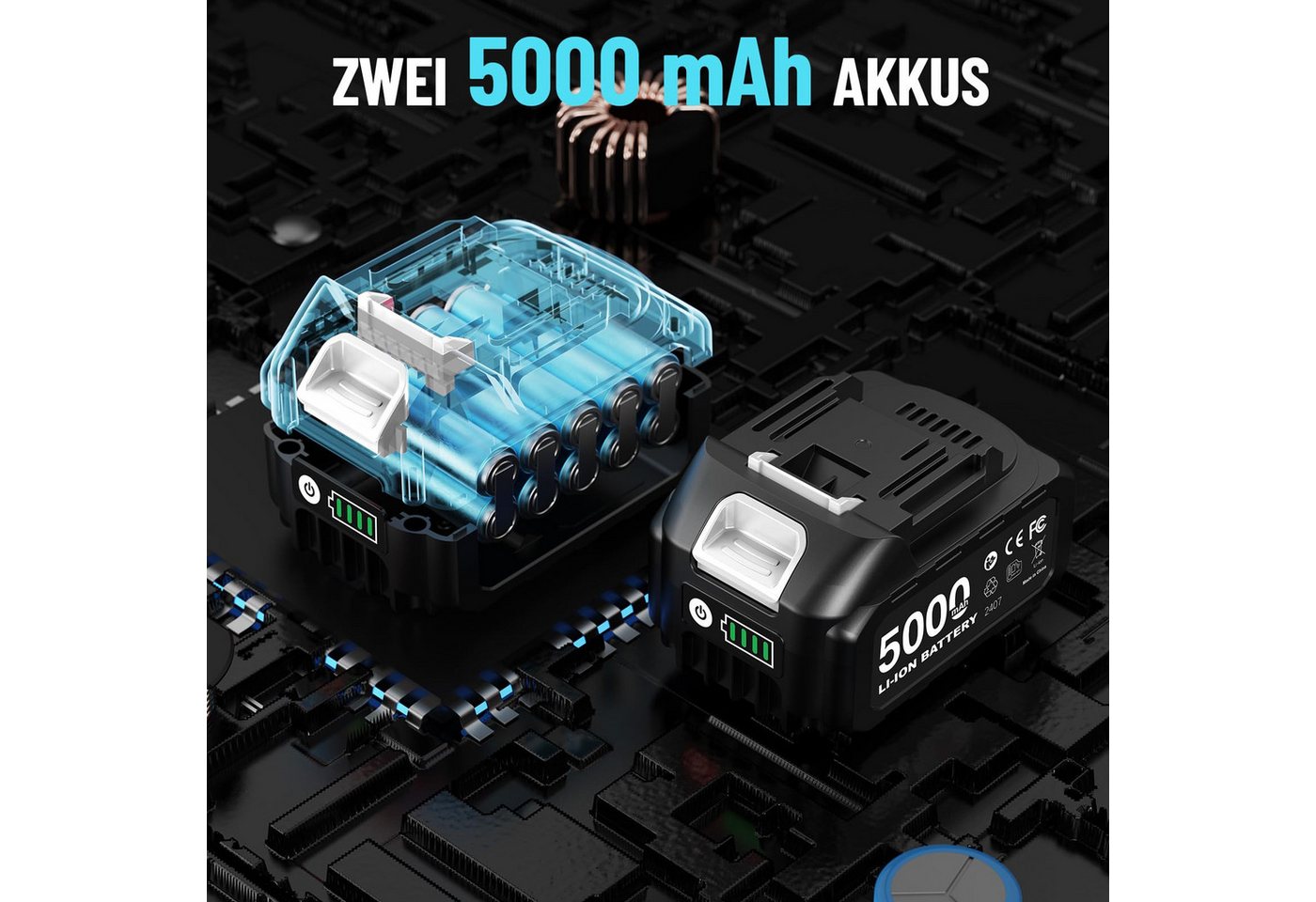 SEESII Akku-Schlagschrauber 1800Nm Bürstenloser 3/4 Zoll Akku‑Schlagschrauber mit 2x5Ah Akkus, 1800 U/min, 1800 Nm, (3/4" auf 1/2" Bit‑Adapter, 34 mm Schlag‑Stecknuss), 3‑Gang‑Getriebe, Außenvierkant‑Aufnahme für schwere Schraubarbeiten Bild 3