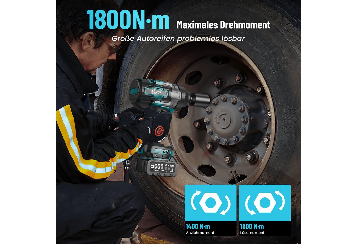 SEESII Akku-Schlagschrauber 1800Nm Bürstenloser 3/4 Zoll Akku‑Schlagschrauber mit 2x5Ah Akkus, 1800 U/min, 1800 Nm, (3/4" auf 1/2" Bit‑Adapter, 34 mm Schlag‑Stecknuss), 3‑Gang‑Getriebe, Außenvierkant‑Aufnahme für schwere Schraubarbeiten Bild 4