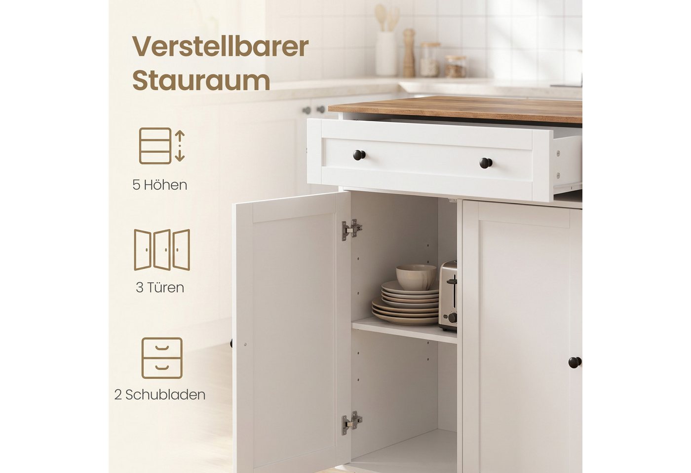 VASAGLE Kücheninsel Küchenwagen mit Schubladen und verstellbaren Einlegeböden, 106,8 x 40 x 89,2 cm, für Küche, auf Rollen, Beistellschrank