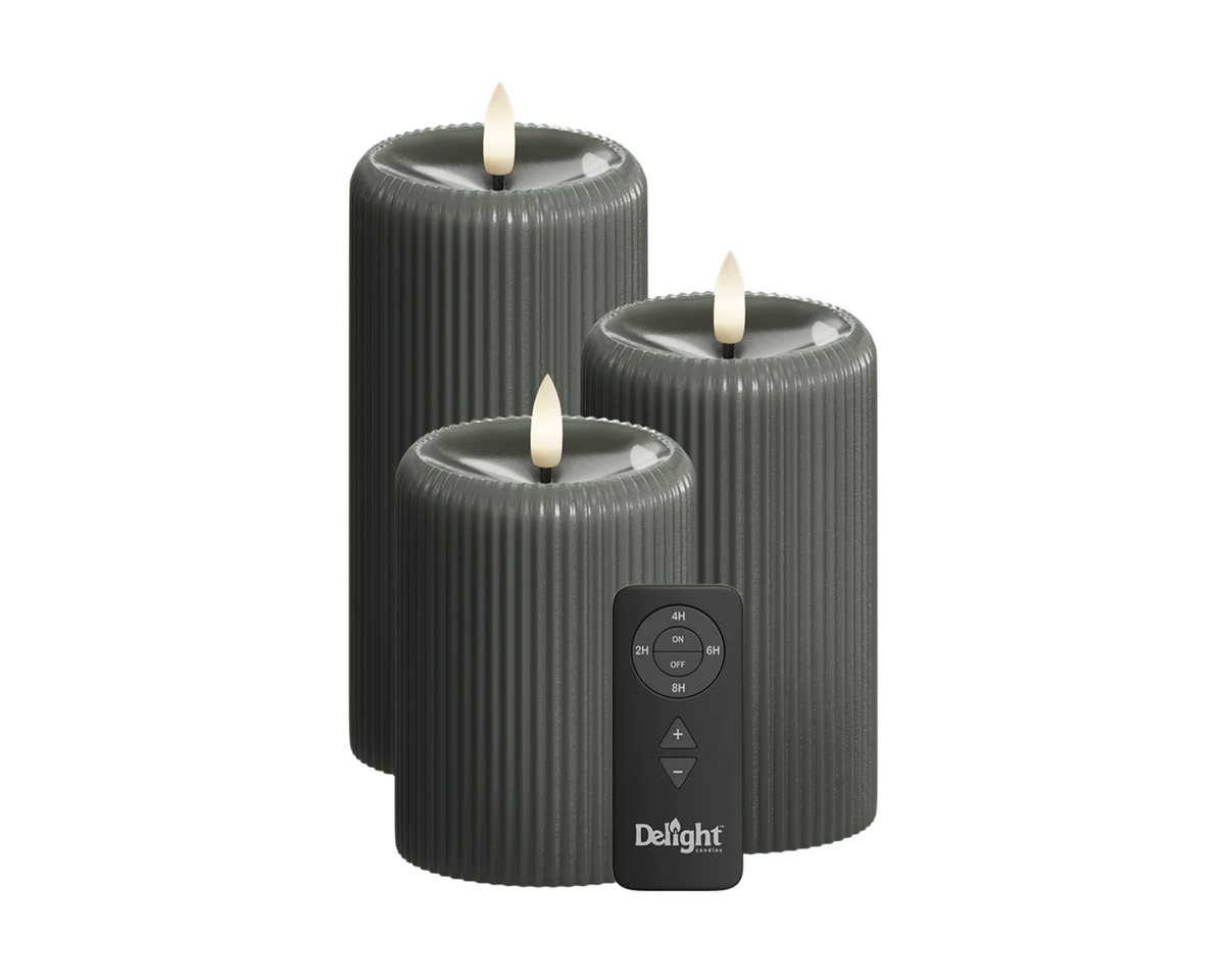 Deluxe Homeart LED-Kerze LED Stumpenkerzen Dunkelgrau Stripe 3er Set – Delight Candles von Delu