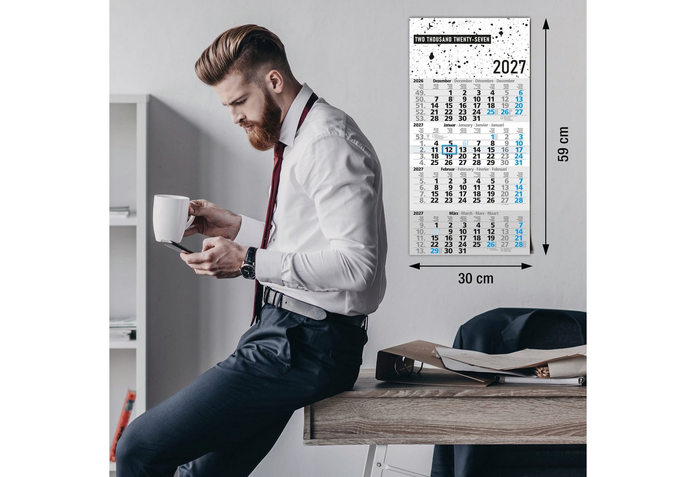 TOBJA Wandkalender 4 Monatskalender 2027 Design Splatter blauer Schieber 30x59 FSC, Design Splatter, blauer Datumsschieber, 4-sprachig, FSC, 30x59 cm Bild 3