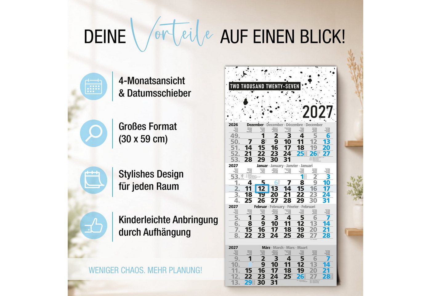 TOBJA Wandkalender 4 Monatskalender 2027 Design Splatter blauer Schieber 30x59 FSC, Design Splatter, blauer Datumsschieber, 4-sprachig, FSC, 30x59 cm Bild 4