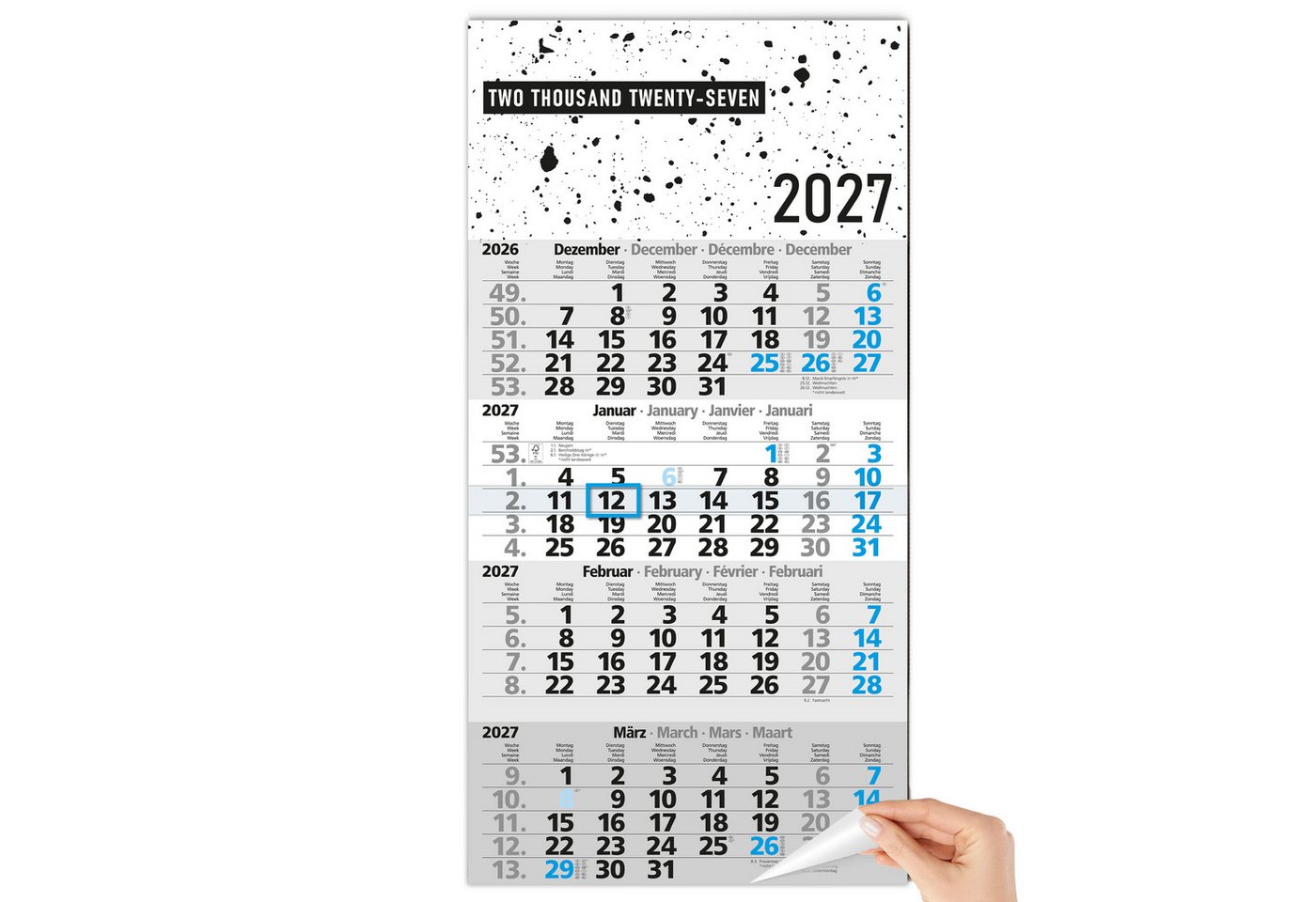 TOBJA Wandkalender 4 Monatskalender 2027 Design Splatter blauer Schieber 30x59 FSC, Design Splatter, blauer Datumsschieber, 4-sprachig, FSC, 30x59 cm Bild 5