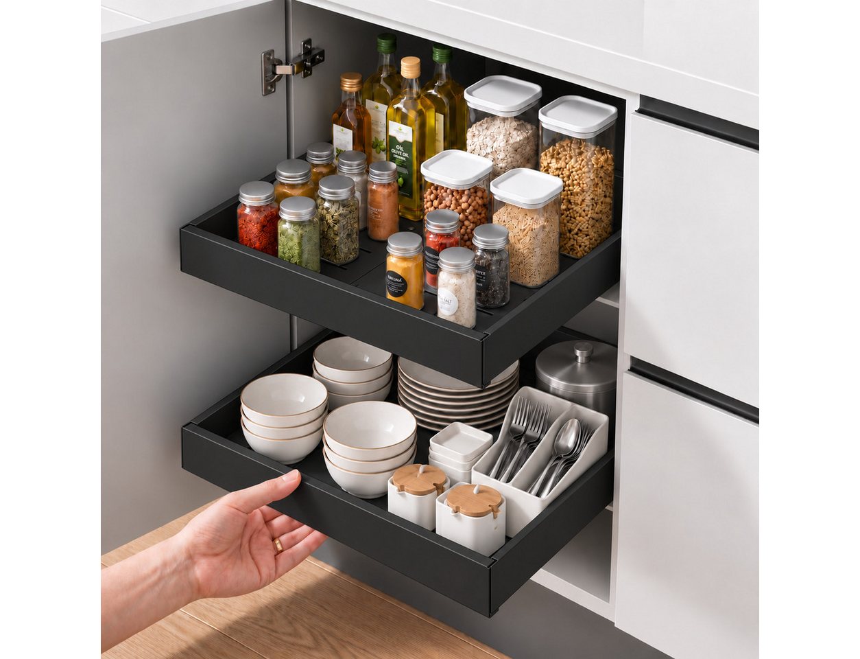 VIVREAL Küchenorganizer-Set Teleskopschublade küche, Besteckkasten für schubladen, ohne Bohren, (2-tlg), Flexibel 32–52 cm, bis 15 kg belastbar, für Küche Speisekammer Bild 4