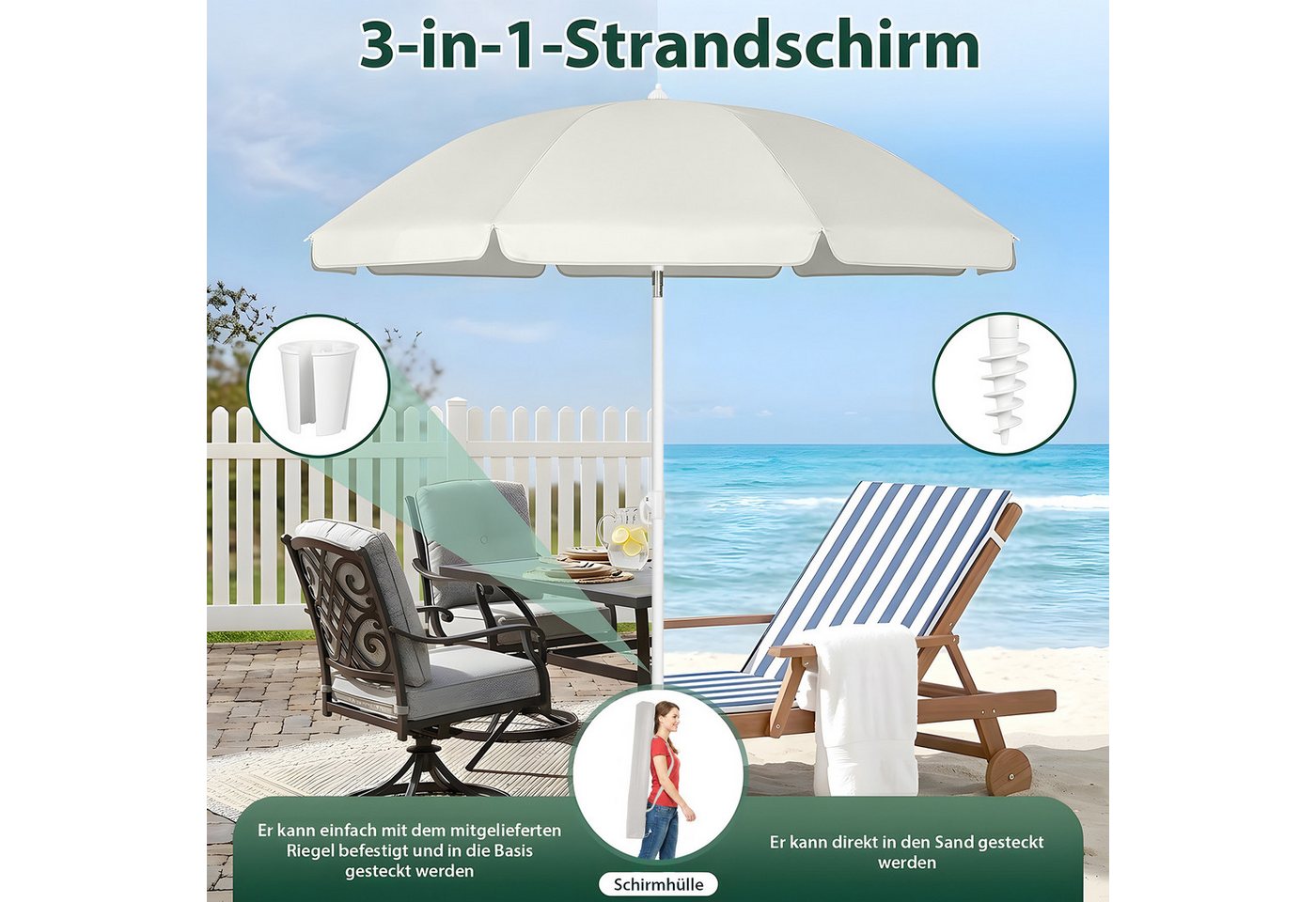 SUNULA Sonnenschirm 160 cm Balkonschirm Strandschirm knickbar mit Bodenhülse & Schutzhülle, Höhenverstellbar und Neigbar, UV-Schutz 50+ Bild 3