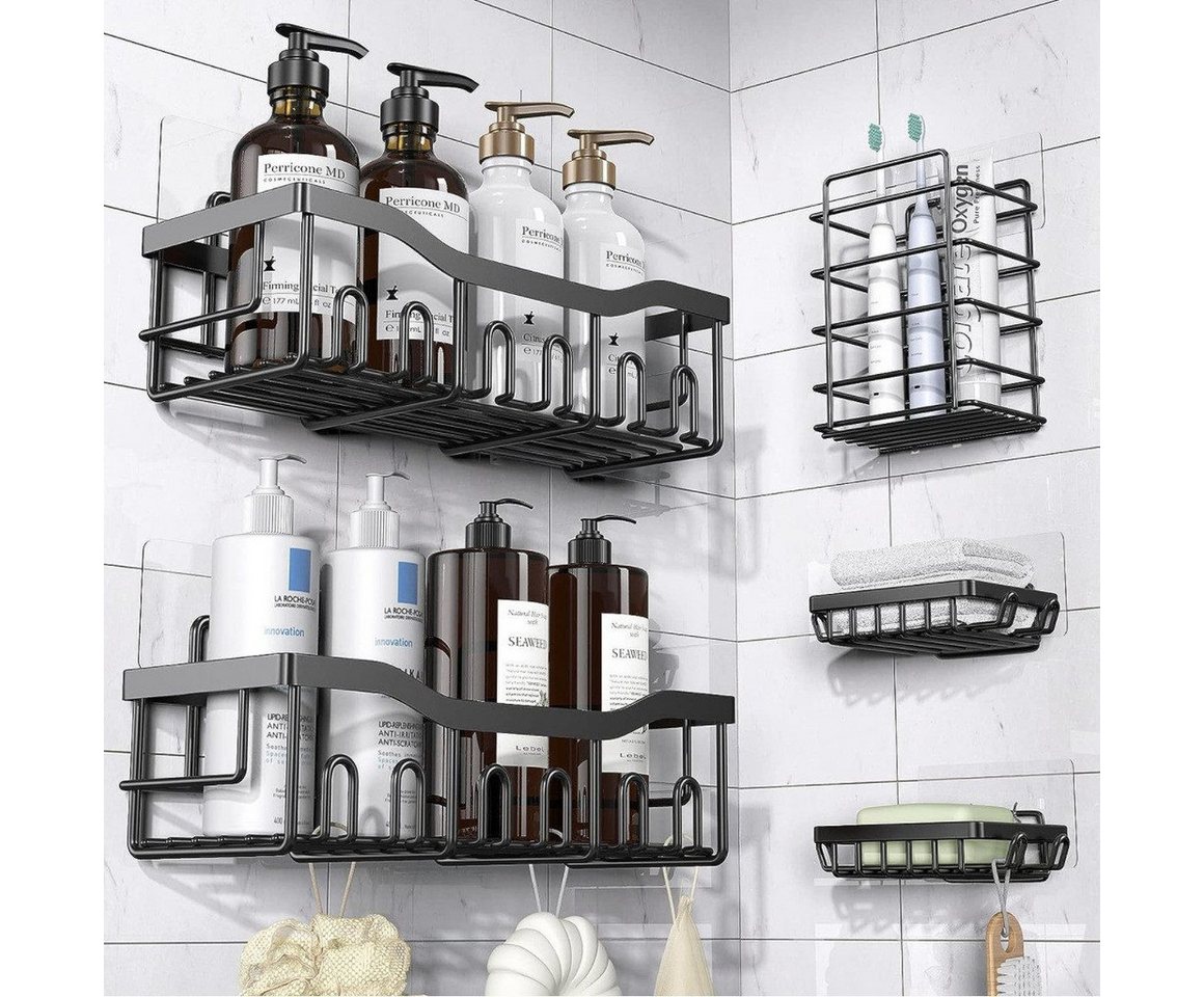 Fyrove Duschablage Duschablage Ohne Bohren, 5 Stück Duschregal Badezimmer Organizer, Badregal Shampoo Halterung für Dusche, Schwarz Duschkorb Regal, Rostfreie, Kohlenstoffstahl Bild 2