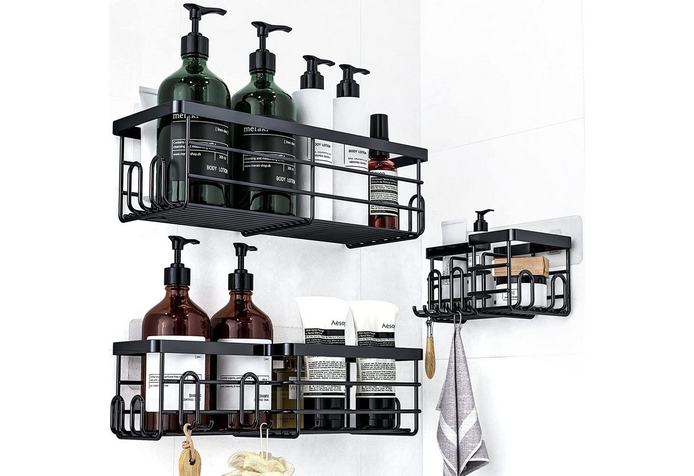 Fyrove Duschablage Duschablage Ohne Bohren, 5 Stück Duschregal Badezimmer Organizer, Badregal Shampoo Halterung für Dusche, Schwarz Duschkorb Regal, Rostfreie, Kohlenstoffstahl Bild 3