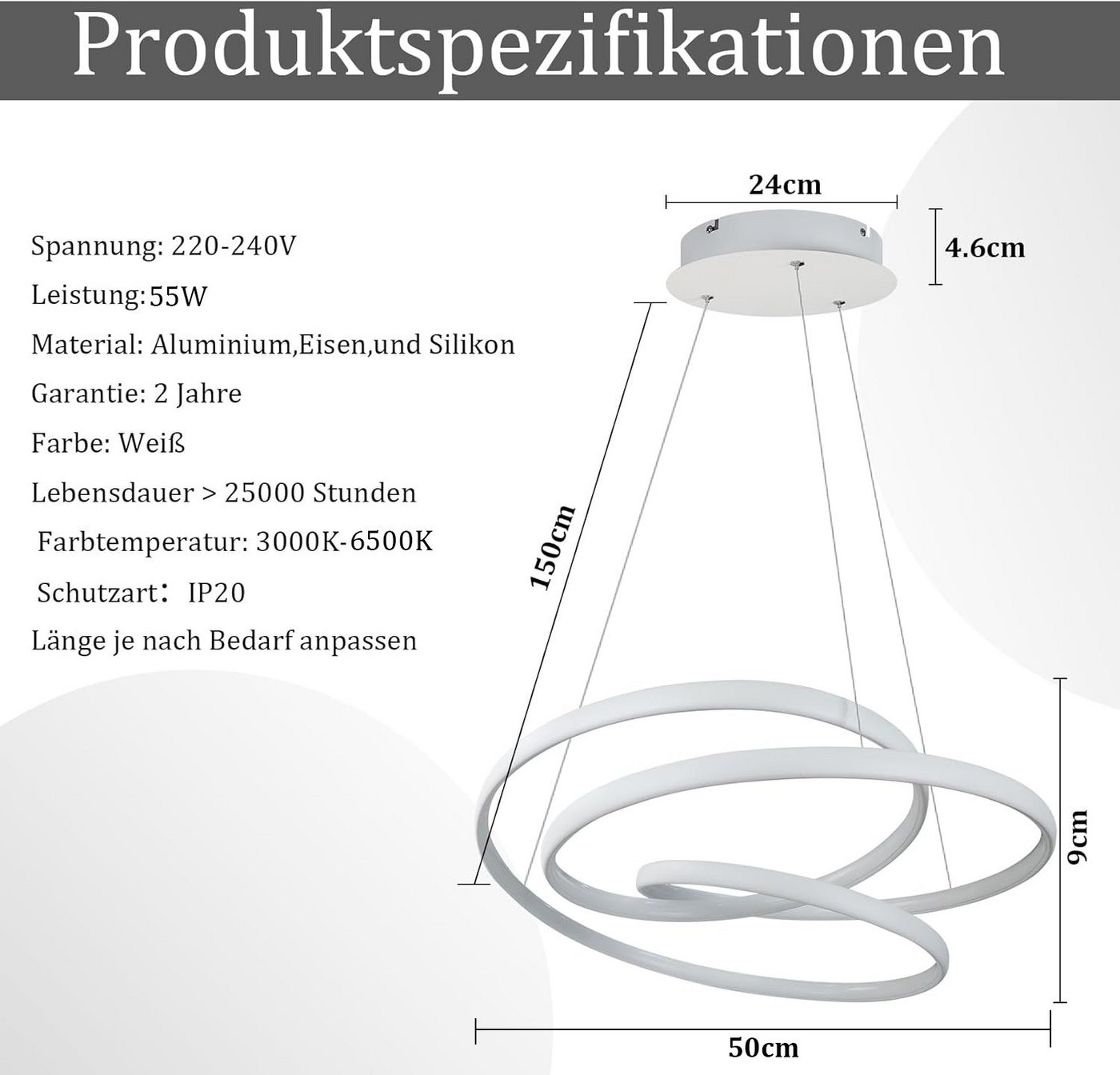 ZMH LED Pendelleuchte Esstisch - 150CM Hängeleuchte Dimmbar 55W Esstischlampe Wohnzimmer, LED fest integriert, 3000-6500k, mit Fernbedienung, Wohnzimmerlampe Hängend, Modern, weiß/schwarz