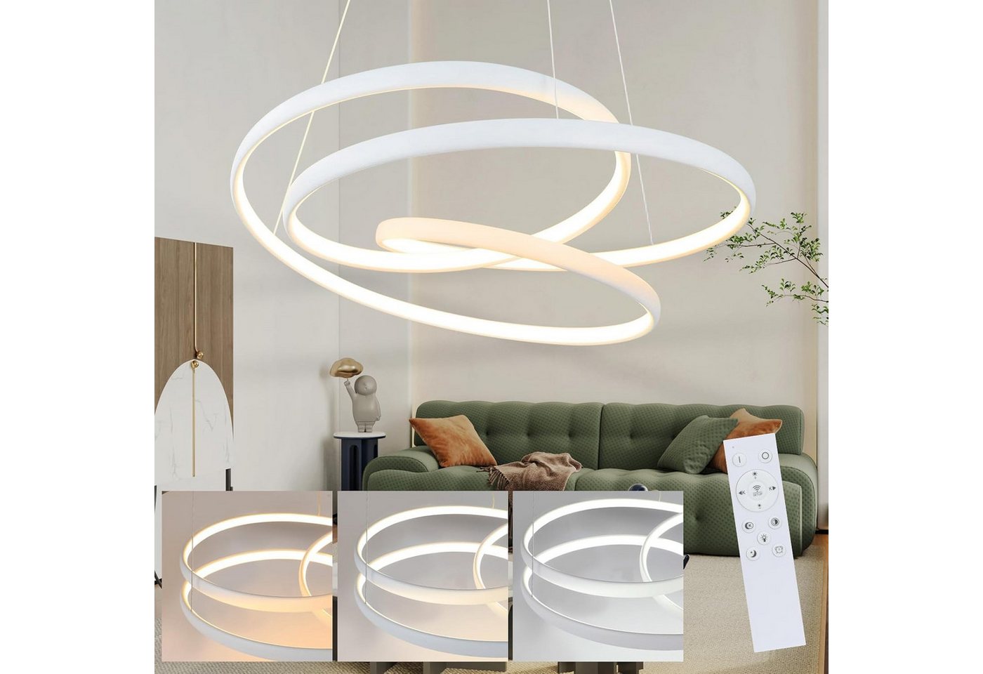 ZMH LED Pendelleuchte Esstisch - 150CM Hängeleuchte Dimmbar 55W Esstischlampe Wohnzimmer, LED fest integriert, 3000-6500k, mit Fernbedienung, Wohnzimmerlampe Hängend, Modern, weiß/schwarz Bild 4