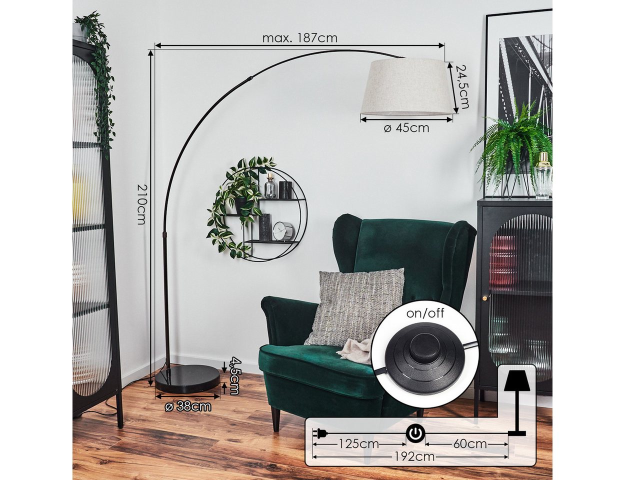 hofstein Bogenlampe Stehlampe mit Marmorfuß aus Metall/Stoff in Schwarz/Chrom/Beige/Weiß, Stehleuchte im modernen Design, Ø 45 cm, Fußschalter, E27