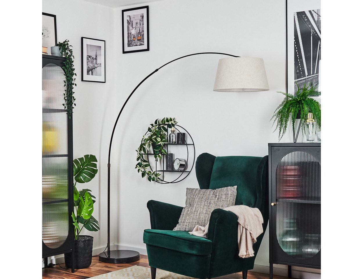 hofstein Bogenlampe Stehlampe mit Marmorfuß aus Metall/Stoff in Schwarz/Chrom/Beige/Weiß, Stehleuchte im modernen Design, Ø 45 cm, Fußschalter, E27 Bild 2