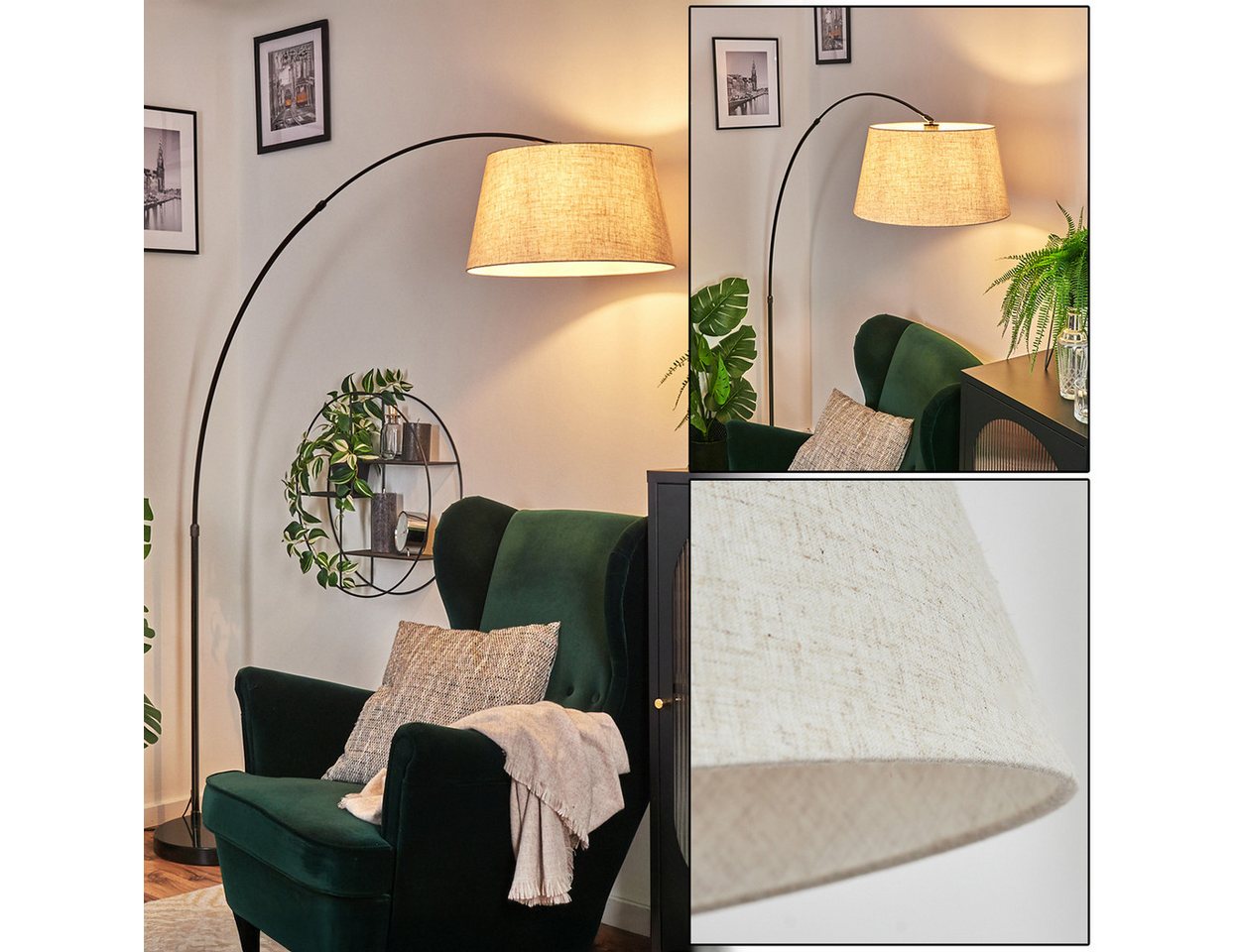 hofstein Bogenlampe Stehlampe mit Marmorfuß aus Metall/Stoff in Schwarz/Chrom/Beige/Weiß, Stehleuchte im modernen Design, Ø 45 cm, Fußschalter, E27 Bild 3