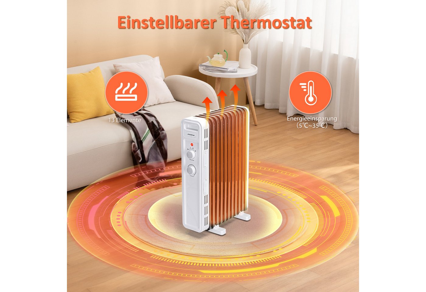 Aigostar Ölradiator Energiesparend Heizkörper mit Thermostat, Mobiler Elektro Heizkörper, 2500 W, Schnelle Wärme, Geräuschlose, Überhitzungsschutz, Kippschutz