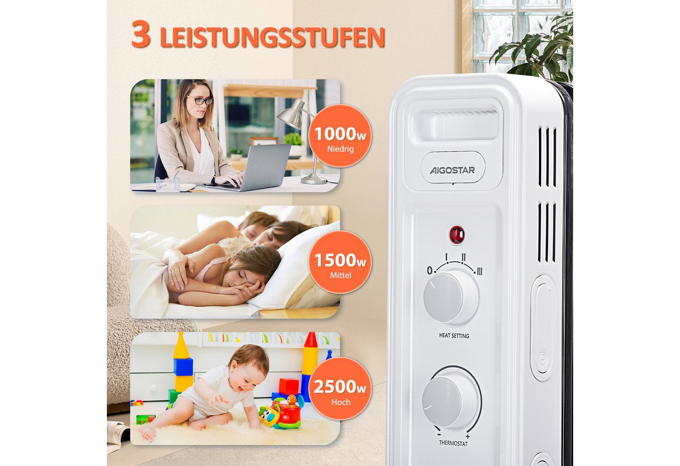 Aigostar Ölradiator Energiesparend Heizkörper mit Thermostat, Mobiler Elektro Heizkörper, 2500 W, Schnelle Wärme, Geräuschlose, Überhitzungsschutz, Kippschutz Bild 3