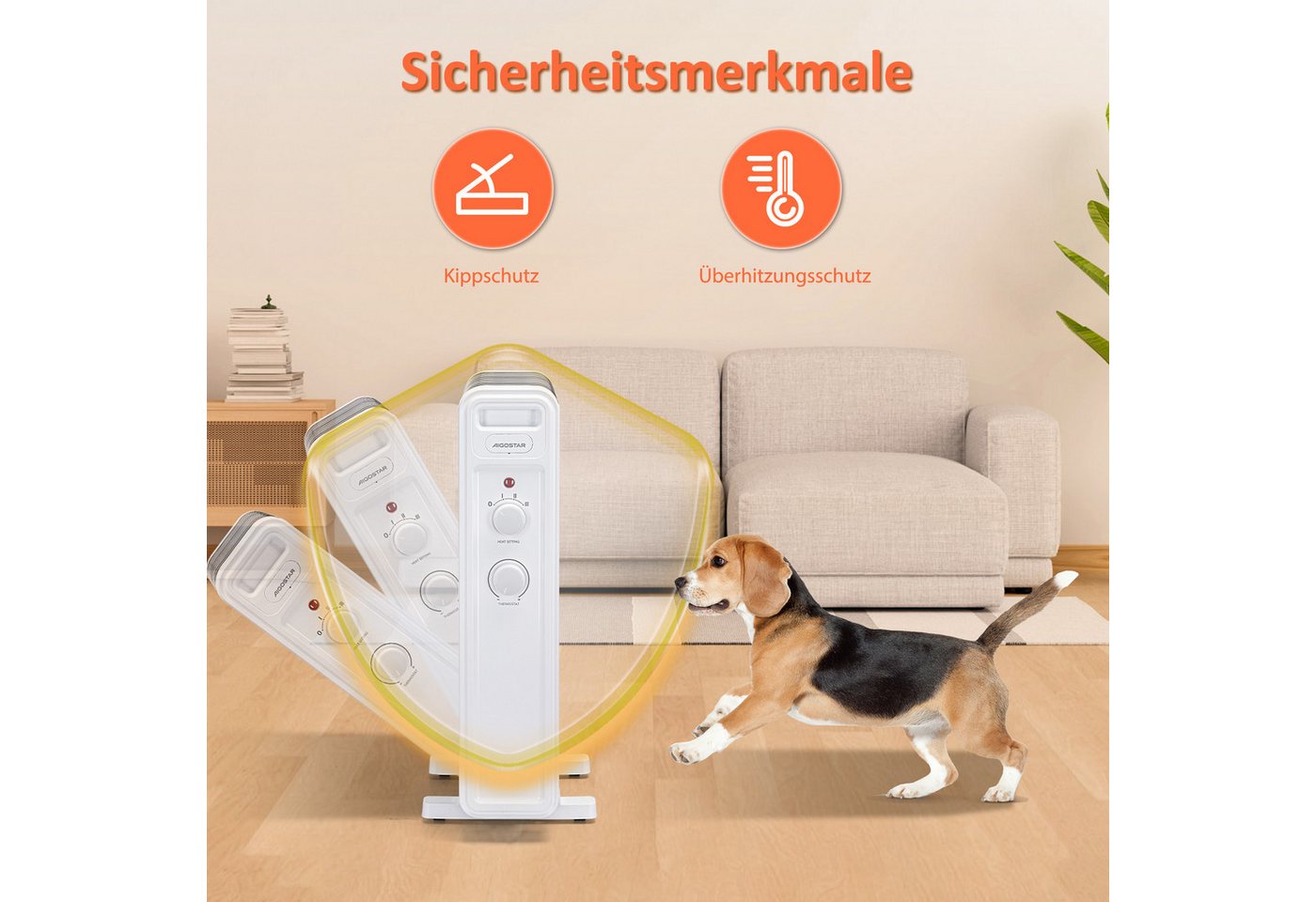 Aigostar Ölradiator Energiesparend Heizkörper mit Thermostat, Mobiler Elektro Heizkörper, 2500 W, Schnelle Wärme, Geräuschlose, Überhitzungsschutz, Kippschutz Bild 4