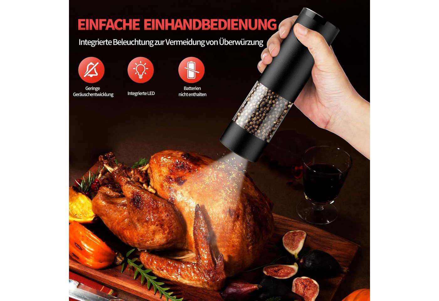 Futicare Salz-/Pfeffermühle Elektrisch 2er Set, batteriebetrieben für sofortigen Einsatz & flexibel überall nutzbar – Keramikmahlwerk, LED-Licht, Nachfüllbar, Edelstahl Gewürzmühle, Geschenkidee für Küche, Grill & Camping Bild 3