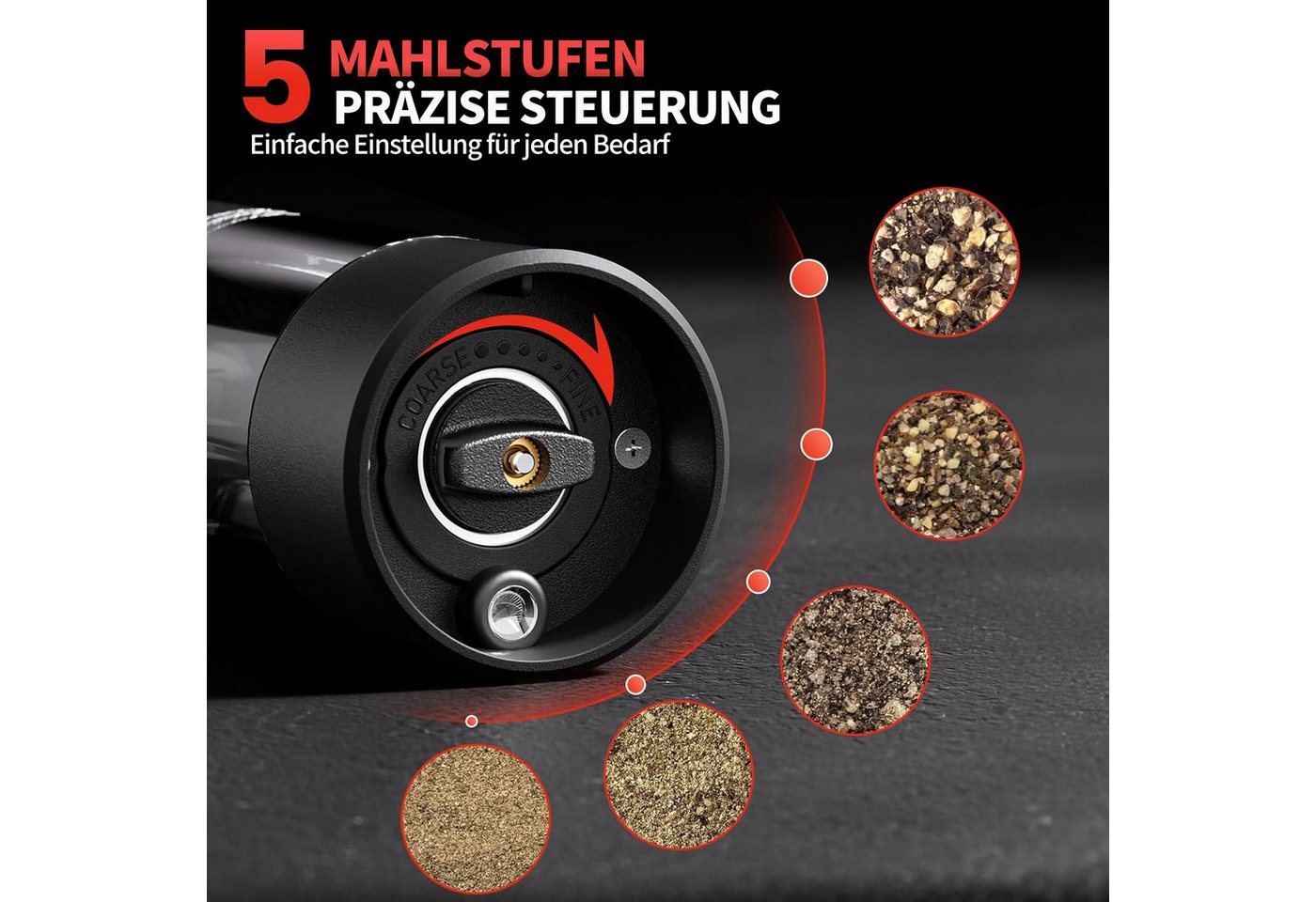 Futicare Salz-/Pfeffermühle Elektrisch 2er Set, batteriebetrieben für sofortigen Einsatz & flexibel überall nutzbar – Keramikmahlwerk, LED-Licht, Nachfüllbar, Edelstahl Gewürzmühle, Geschenkidee für Küche, Grill & Camping Bild 4