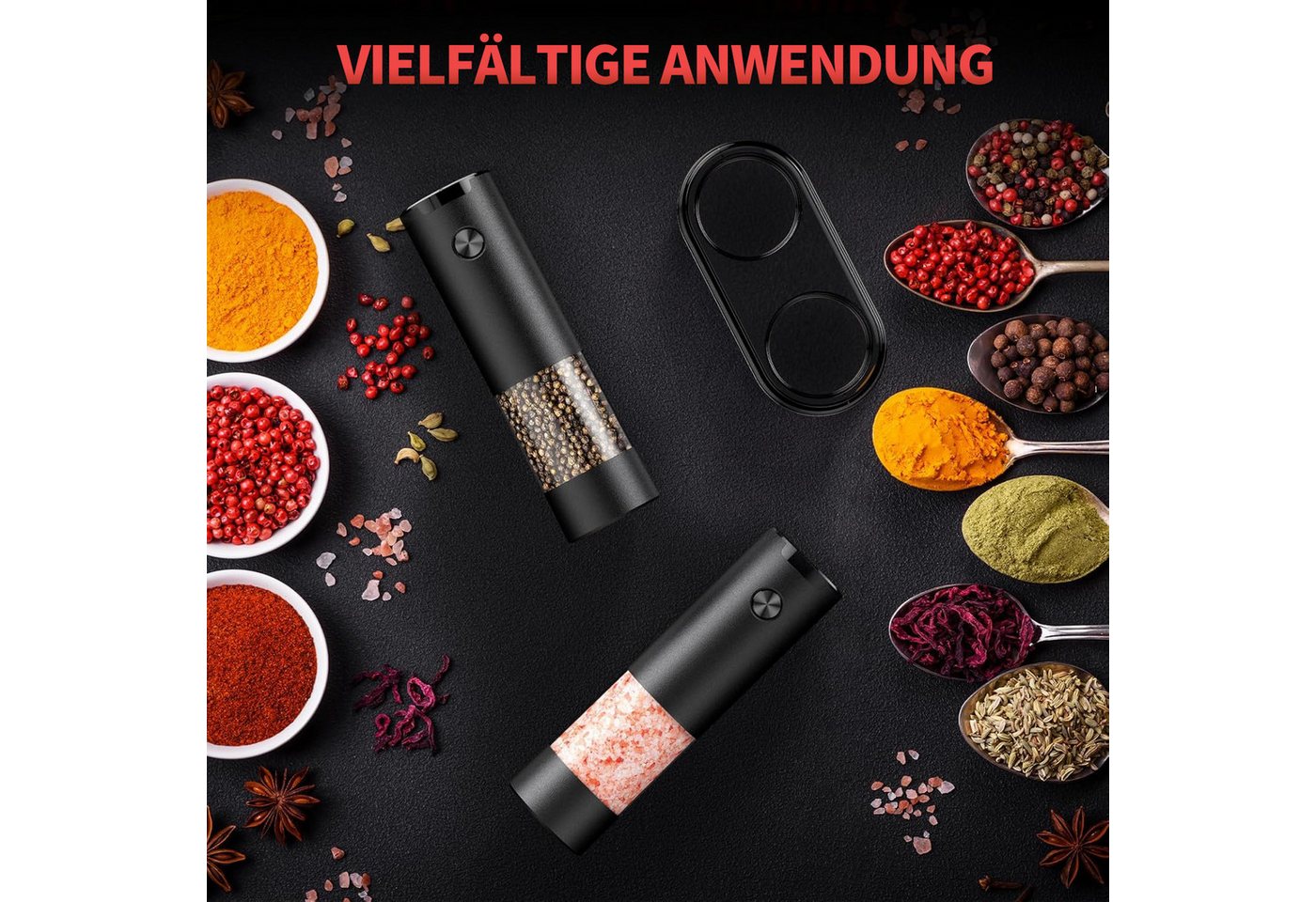 Futicare Salz-/Pfeffermühle Elektrisch 2er Set, batteriebetrieben für sofortigen Einsatz & flexibel überall nutzbar – Keramikmahlwerk, LED-Licht, Nachfüllbar, Edelstahl Gewürzmühle, Geschenkidee für Küche, Grill & Camping Bild 5