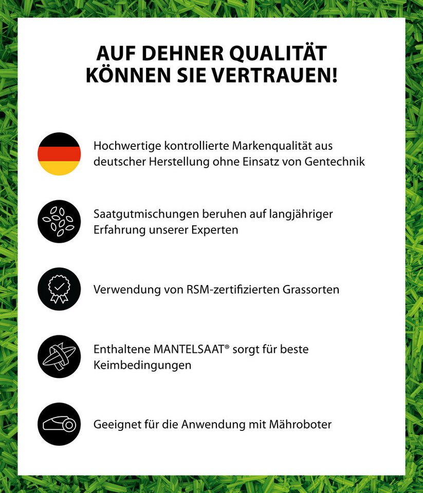 Dehner Rasensamen Herbst-Nachsaat Saatgut, schnell keimend, regenerierend, 750 g, 25 m², robust, nährstoffreich, ideal nach dem Sommer, pflegeleicht Bild 2