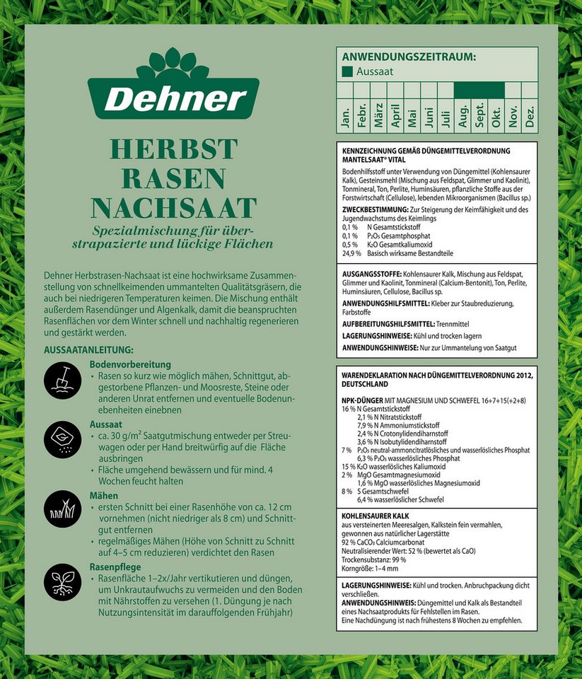 Dehner Rasensamen Herbst-Nachsaat Saatgut, schnell keimend, regenerierend, 750 g, 25 m², robust, nährstoffreich, ideal nach dem Sommer, pflegeleicht Bild 5