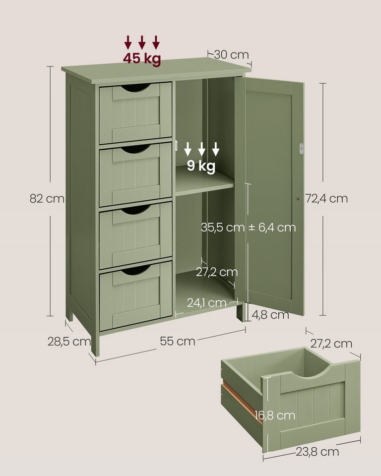 VASAGLE Badmöbel-Set Badezimmerschrank Badschrank Beistellschrank,verstellbare Ablage, mit 4 Schubladen, Schranktür, verstellbare Ablage Bild 4