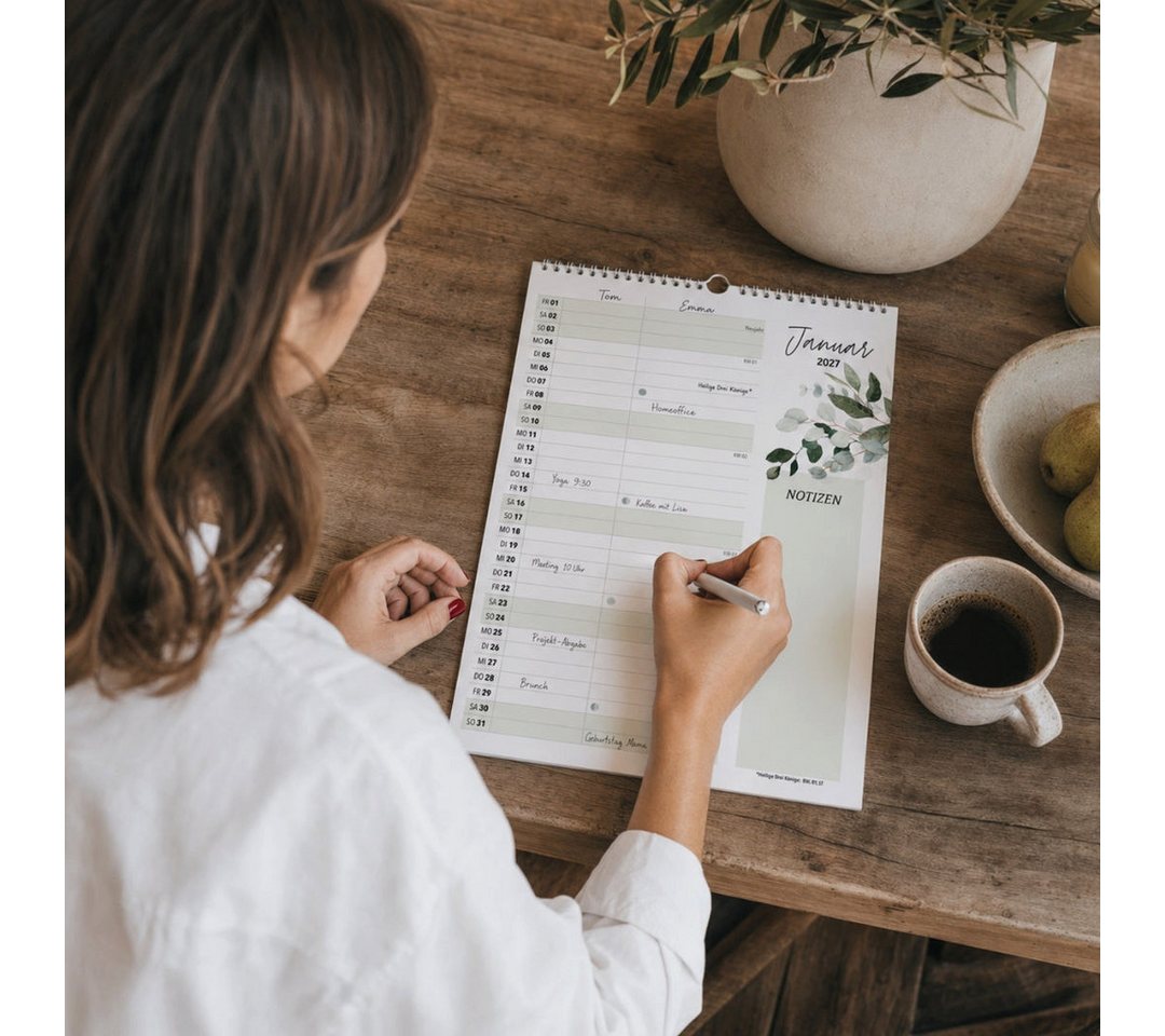 heaven+paper Jahresplaner A4 Wandkalender 2 Spalten Green 2027, hochwertig & modern, Hergestellt in Deutschland