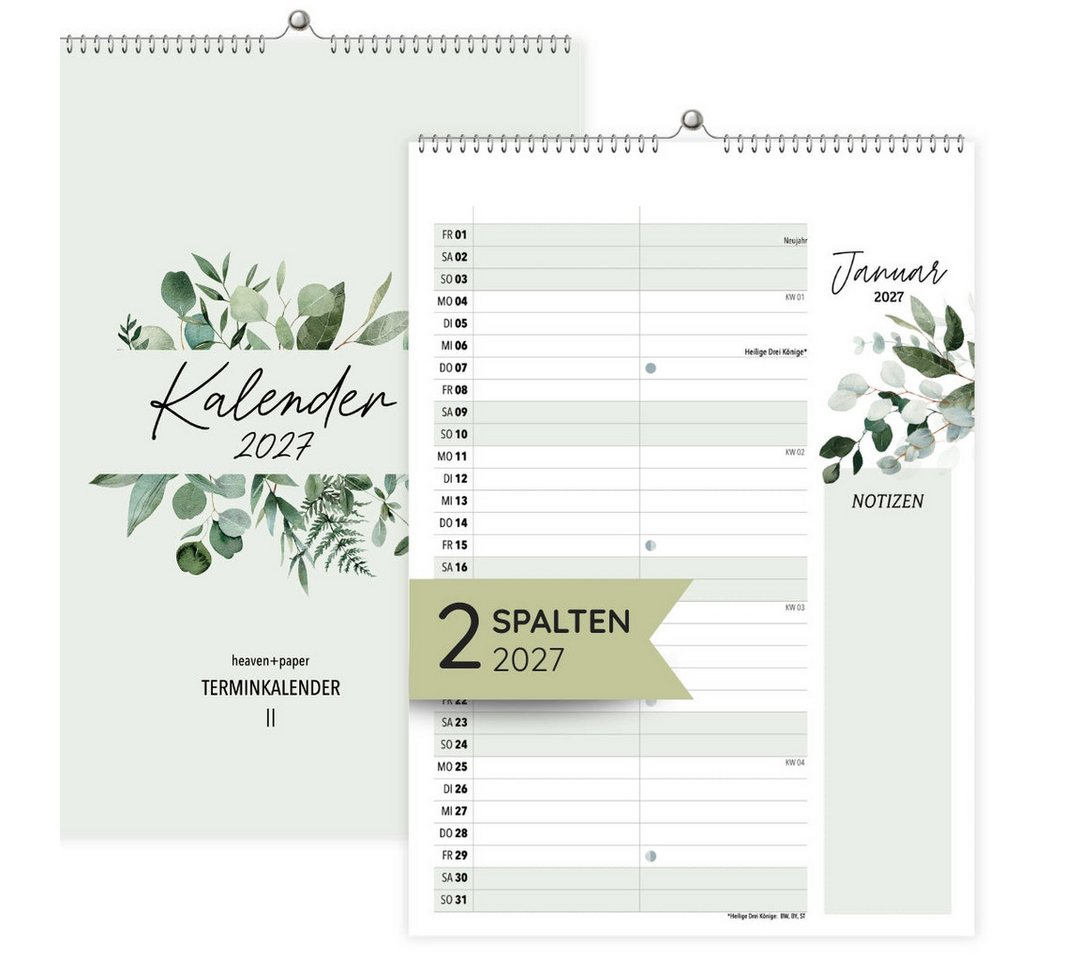 heaven+paper Jahresplaner A4 Wandkalender 2 Spalten Green 2027, hochwertig & modern, Hergestellt in Deutschland Bild 3