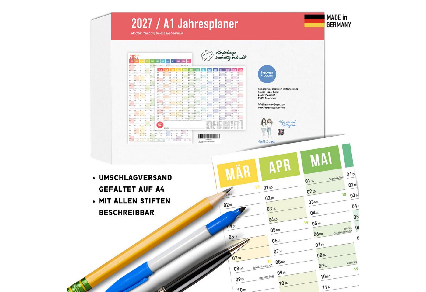 heaven+paper Jahresplaner Wandplaner 2027 Regenbogen – DIN A1, beidseitig bedruckt, Hergestellt in Deutschland Bild 2