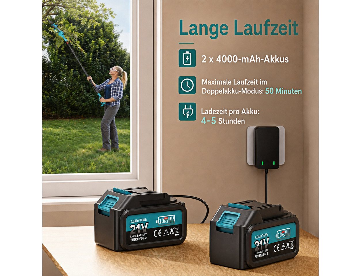 Rinoxar Akku-Kettensäge 2-in-1 Mini Kettensäge 8 Zoll mit Teleskopstange, 2*4000mAh Akkus, 20 cm Schwertlänge, Hochentaster, 2m Verlängerungsstange,Bürstenlose,Automatischer Ölpumpe, Werkzeuglose Kettenspannung, 4M Reichweite Teleskop für Baum Trimmen Bild 2