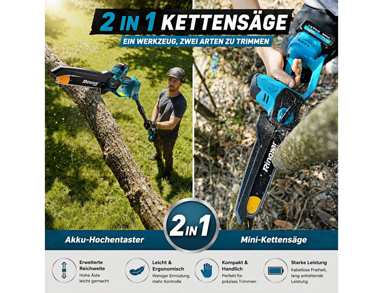 Rinoxar Akku-Kettensäge 2-in-1 Mini Kettensäge 8 Zoll mit Teleskopstange, 2*4000mAh Akkus, 20 cm Schwertlänge, Hochentaster, 2m Verlängerungsstange,Bürstenlose,Automatischer Ölpumpe, Werkzeuglose Kettenspannung, 4M Reichweite Teleskop für Baum Trimmen Bild 3