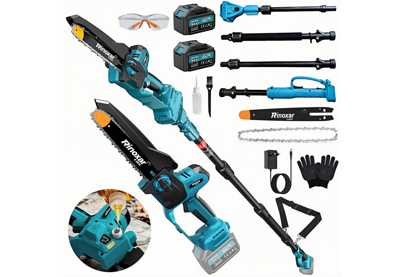 Rinoxar Akku-Kettensäge 2-in-1 Mini Kettensäge 8 Zoll mit Teleskopstange, 2*4000mAh Akkus, 20 cm Schwertlänge, Hochentaster, 2m Verlängerungsstange,Bürstenlose,Automatischer Ölpumpe, Werkzeuglose Kettenspannung, 4M Reichweite Teleskop für Baum Trimmen Bild 4