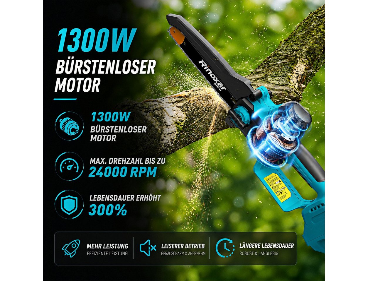 Rinoxar Akku-Kettensäge 2-in-1 Mini Kettensäge 8 Zoll mit Teleskopstange, 2*4000mAh Akkus, 20 cm Schwertlänge, Hochentaster, 2m Verlängerungsstange,Bürstenlose,Automatischer Ölpumpe, Werkzeuglose Kettenspannung, 4M Reichweite Teleskop für Baum Trimmen Bild 5