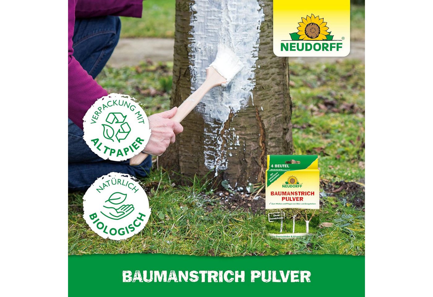 Neudorff Baumanstrich Baumanstrich Pulver, 1 St., Einzelpackung, Schützt Baumstämme vor Frostrissen und Sonnenbrand, Mineralischer Weißanstrich zum Schutz vor Frostrissen und Sonnenbrand