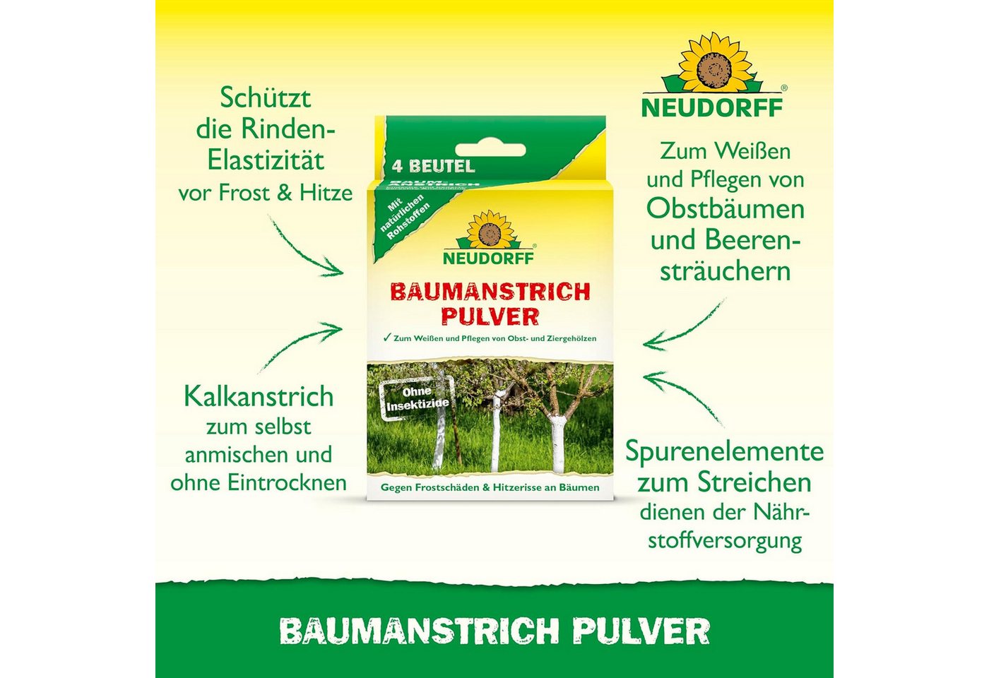 Neudorff Baumanstrich Baumanstrich Pulver, 1 St., Einzelpackung, Schützt Baumstämme vor Frostrissen und Sonnenbrand, Mineralischer Weißanstrich zum Schutz vor Frostrissen und Sonnenbrand Bild 2