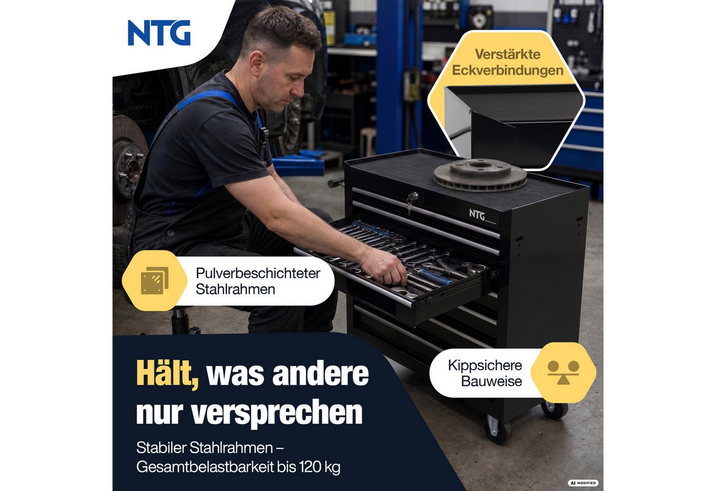 NTG Nutzfahrzeug Technik GmbH Werkstattwagen LEER – Werkstattwagen mit 7 kugelgelagerten Schubladen, max. Traglast:120 kg, 0-tlg. Werkzeugset, (Ohne Werkzeug), Verstärkte Eckverbindungen
