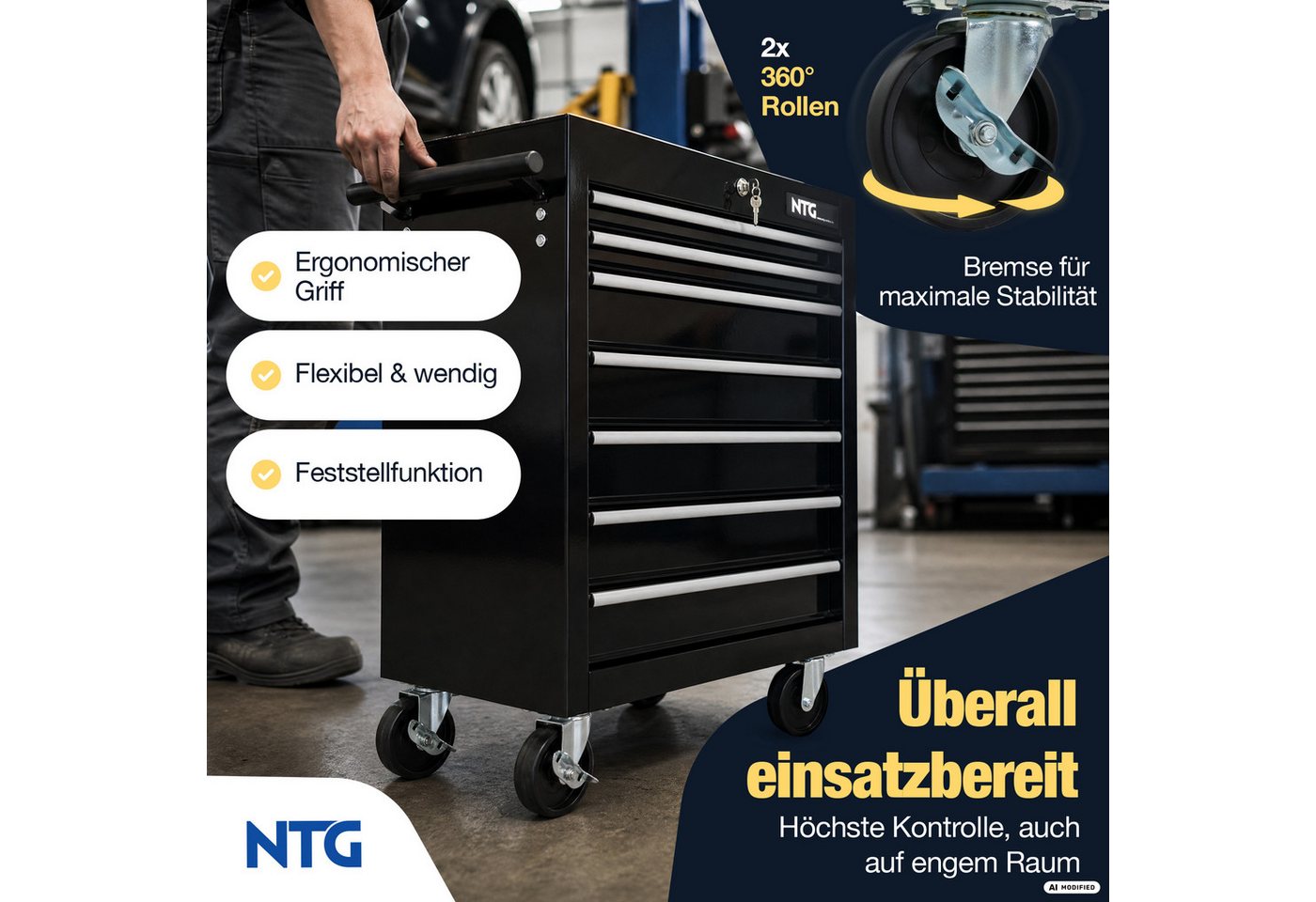 NTG Nutzfahrzeug Technik GmbH Werkstattwagen LEER – Werkstattwagen mit 7 kugelgelagerten Schubladen, max. Traglast:120 kg, 0-tlg. Werkzeugset, (Ohne Werkzeug), Verstärkte Eckverbindungen Bild 2