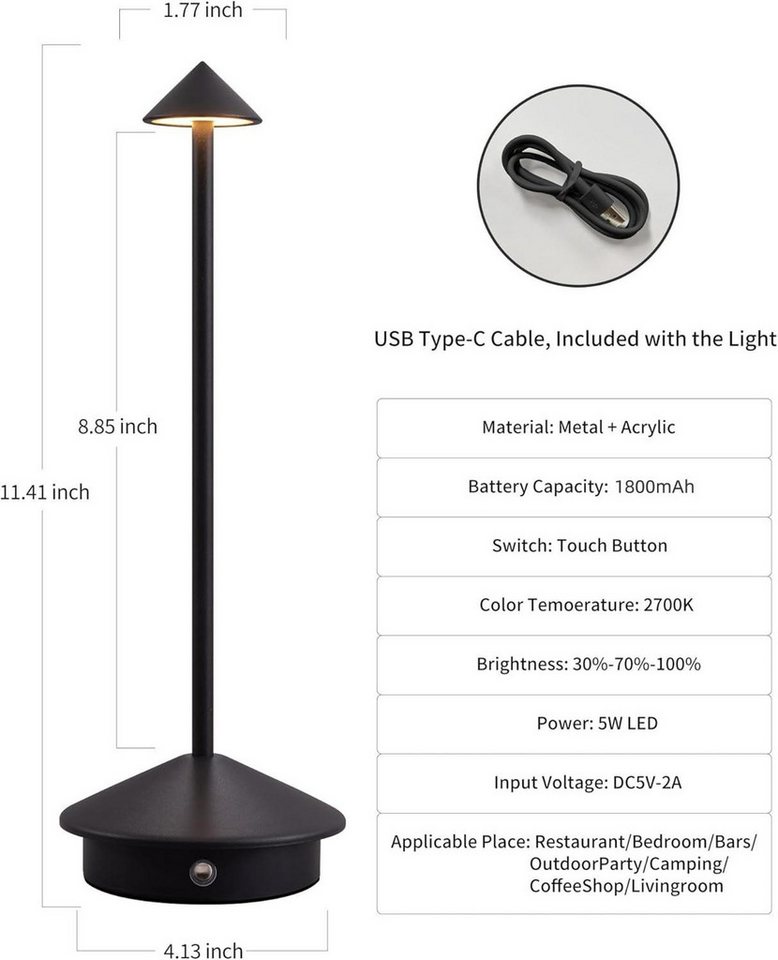 FELIXLEO Außen-Tischleuchte 2er Tischlampen kabellos, LED, 1800 mAh, wiederaufladbar, Schlafzimmer Bild 4