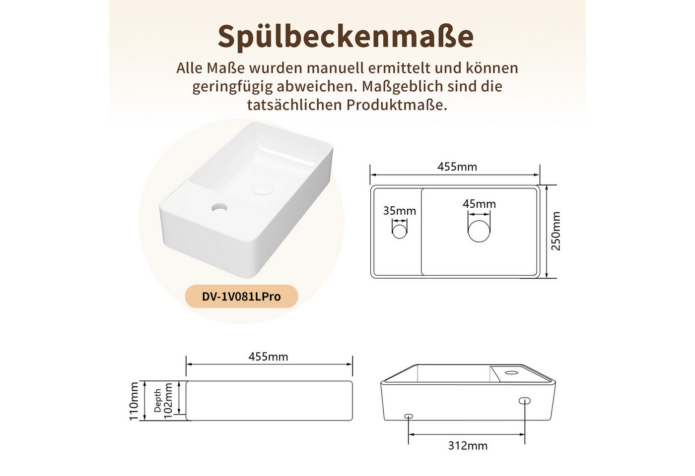 DeerValley Waschbecken Kleines Waschbecken für Gäste-WC zur Wandmontage (Set, Mit Waschbecken und Ablaufgarnitur, ohne Wasserhahn) Bild 3